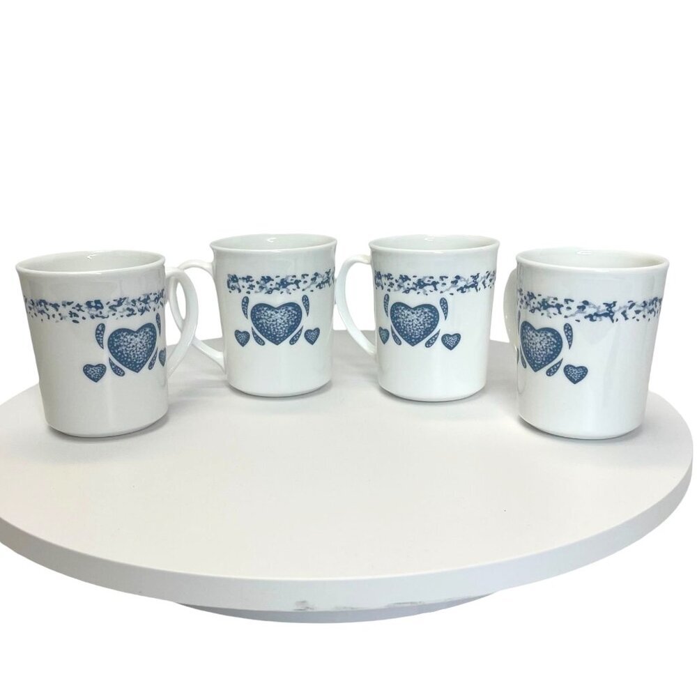 Corning Ware Corelle Blue Hearts Pattern Coffee Mugs Set of 4, Made in USA